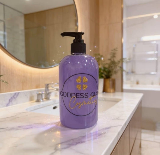 17 oz plastic bottle with pump large size Lavender body wash with Goddess Glam logo